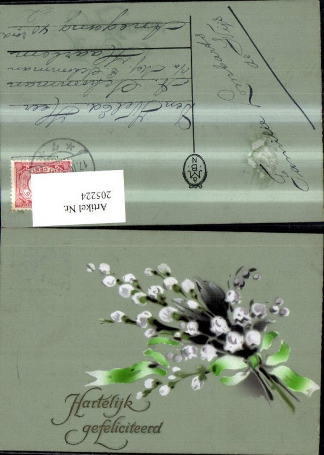 205224,Hartelijk Gefeliciteerd Strauß Maiglöckchen Blumen Palmkätzchen Schleife Goldschrift