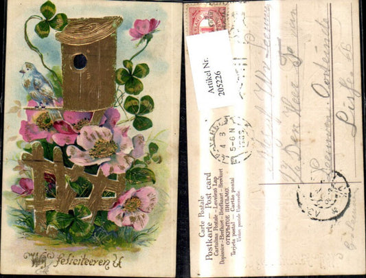 205226,Präge Ak Vogel Nistkasten Vogelhaus Vogel Blumen Kleee Goldverzierung Wy feficiteeren U