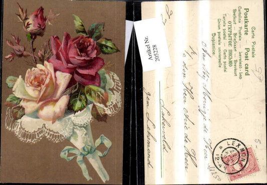 205228,Präge Ak Strauß m. Rosen Schleife Spitzenpapier