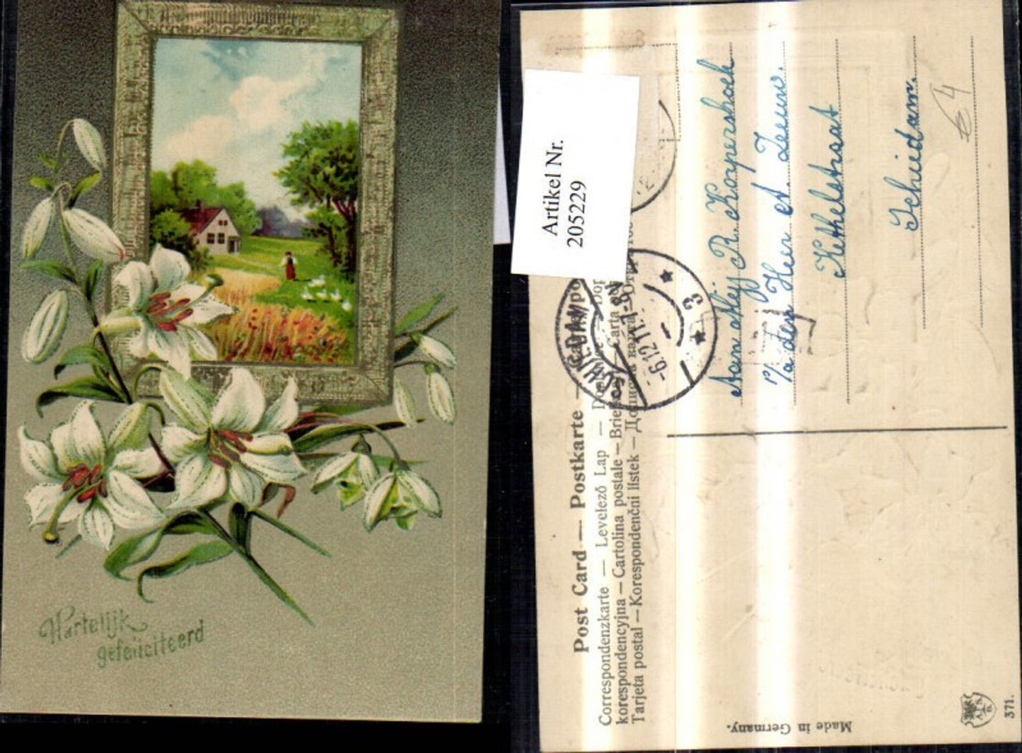 205229,Präge Ak Hartelijk Gefeliciteerd Landschaft Passepartout Blumen Lilien