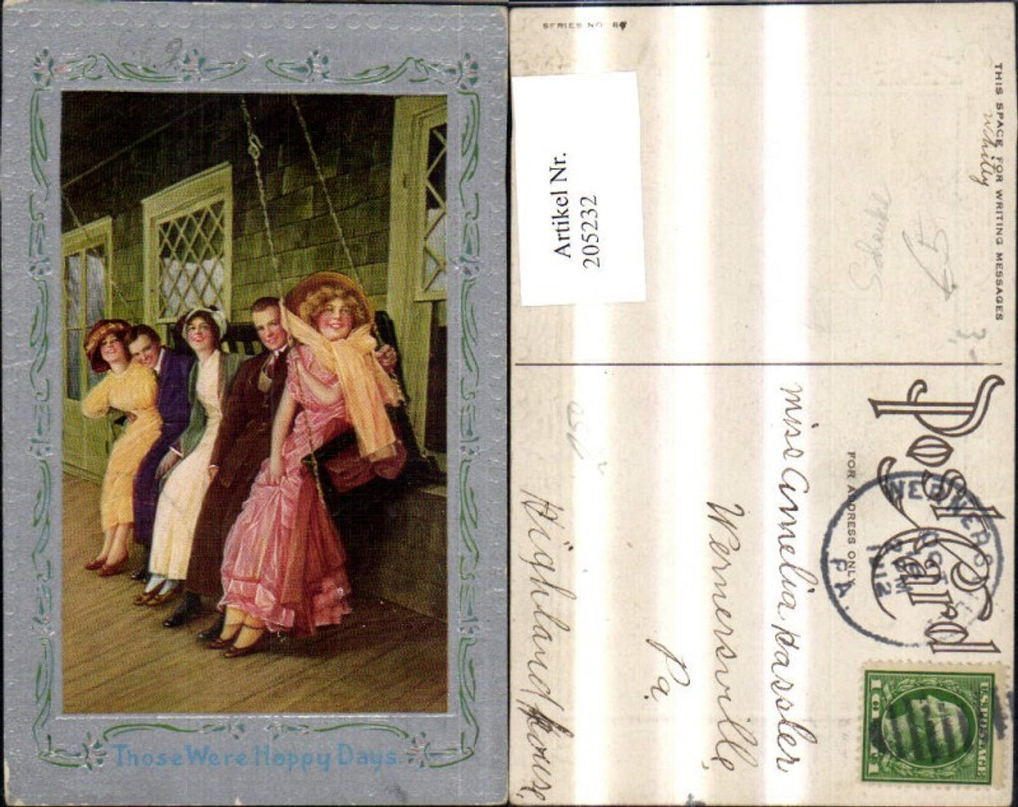205232,Präge Ak Frauen Männer a. Schaukel Passepartout Silberverzierung Those Were Happy Days