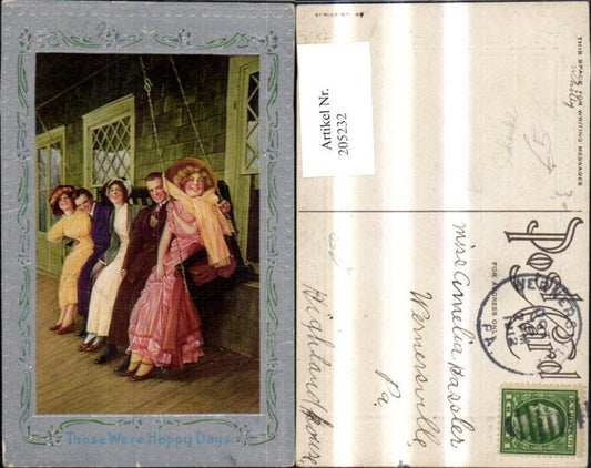 205232,Präge Ak Frauen Männer a. Schaukel Passepartout Silberverzierung Those Were Happy Days