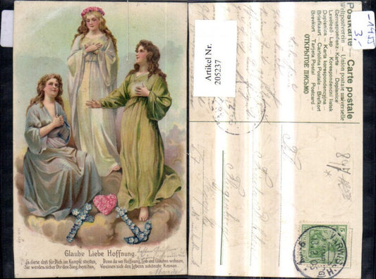 205237,Präge Litho Frauen m. Blumen Kreuz Herz Anker Spruch Text