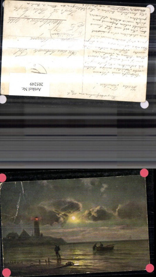 205249,Leuchtturm Künstler Ak Nacht Mondschein Ruderboot Boot Männer