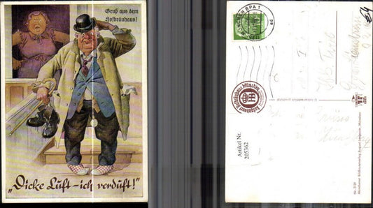 205362,GruÃ aus d. HofbrÃ¤uhaus âDicke Luft â ich verduftâ betrunkener Mann m. Hut Uhr Stock Schuhe