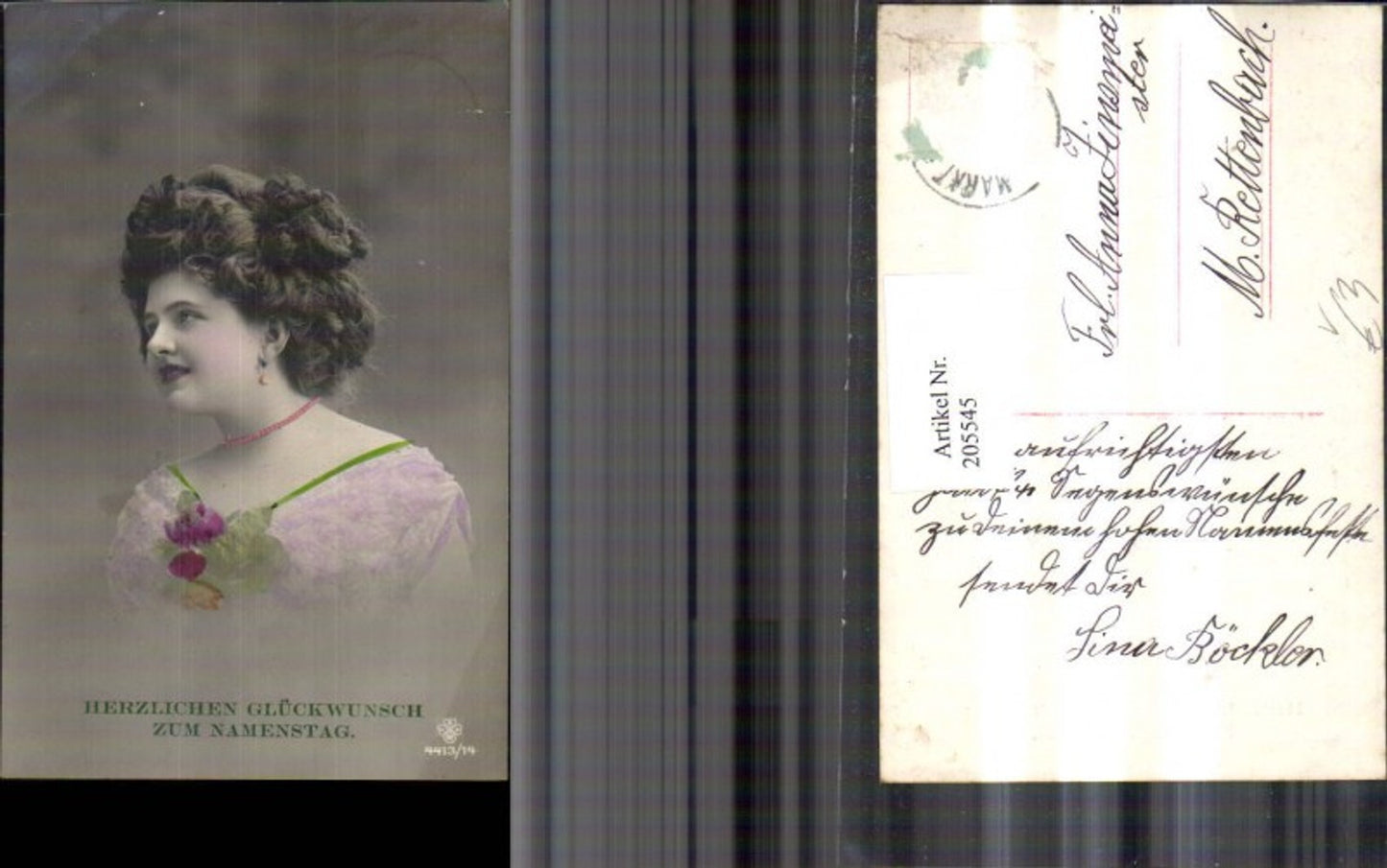 205545, Congratulations on your name day, woman, with earrings, necklace, roses, portrait, pub RPH SBW 4413/14