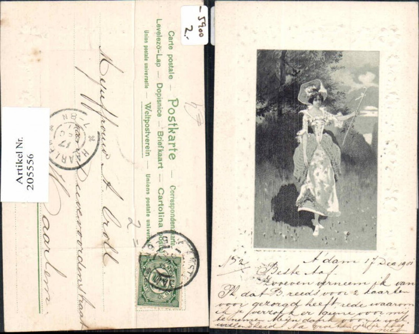 205556,Präge AK Frau m. Kleid u. Hut Stock Mode 1900
