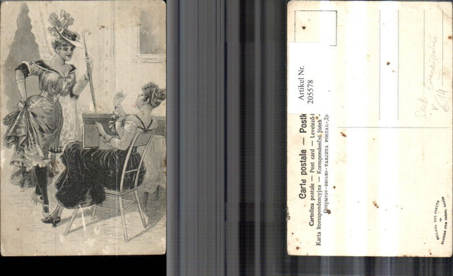 205578,Emanzipation Frau m. Hut Kleid u. Schirm Zigarette Buch pub Sect