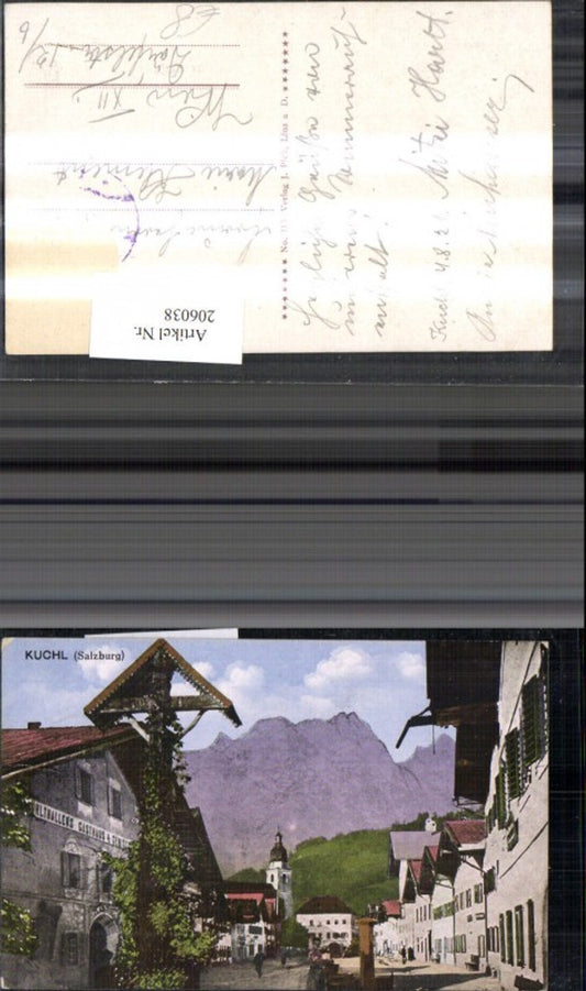 206038,Kuchl Straßenansicht Wegkreuz Brunnen Gasthaus