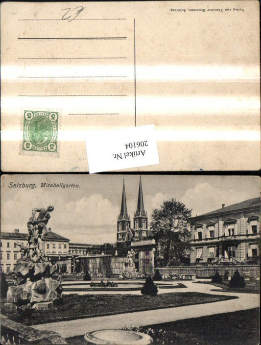 206104,Salzburg Mirabellgarten Partie Statue Kirchenturm