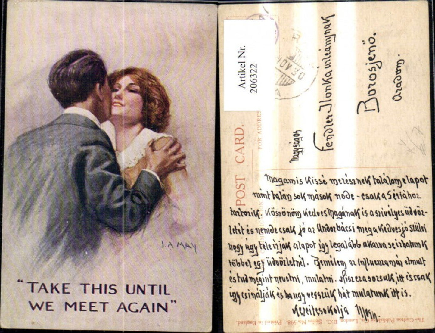 206322,Künstler Ak J. A. May Take this until we meet again Mann küsst Frau a. Wange Glamour