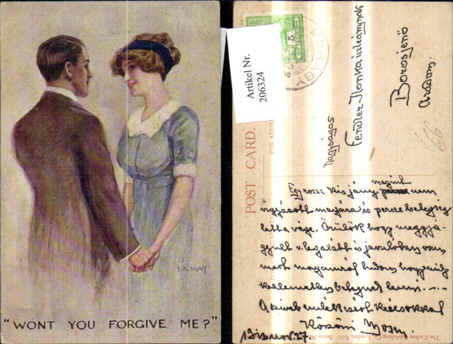 206324, Artist Ak JA May Won't you forgive me? Woman Man Glamour pub Charlton co