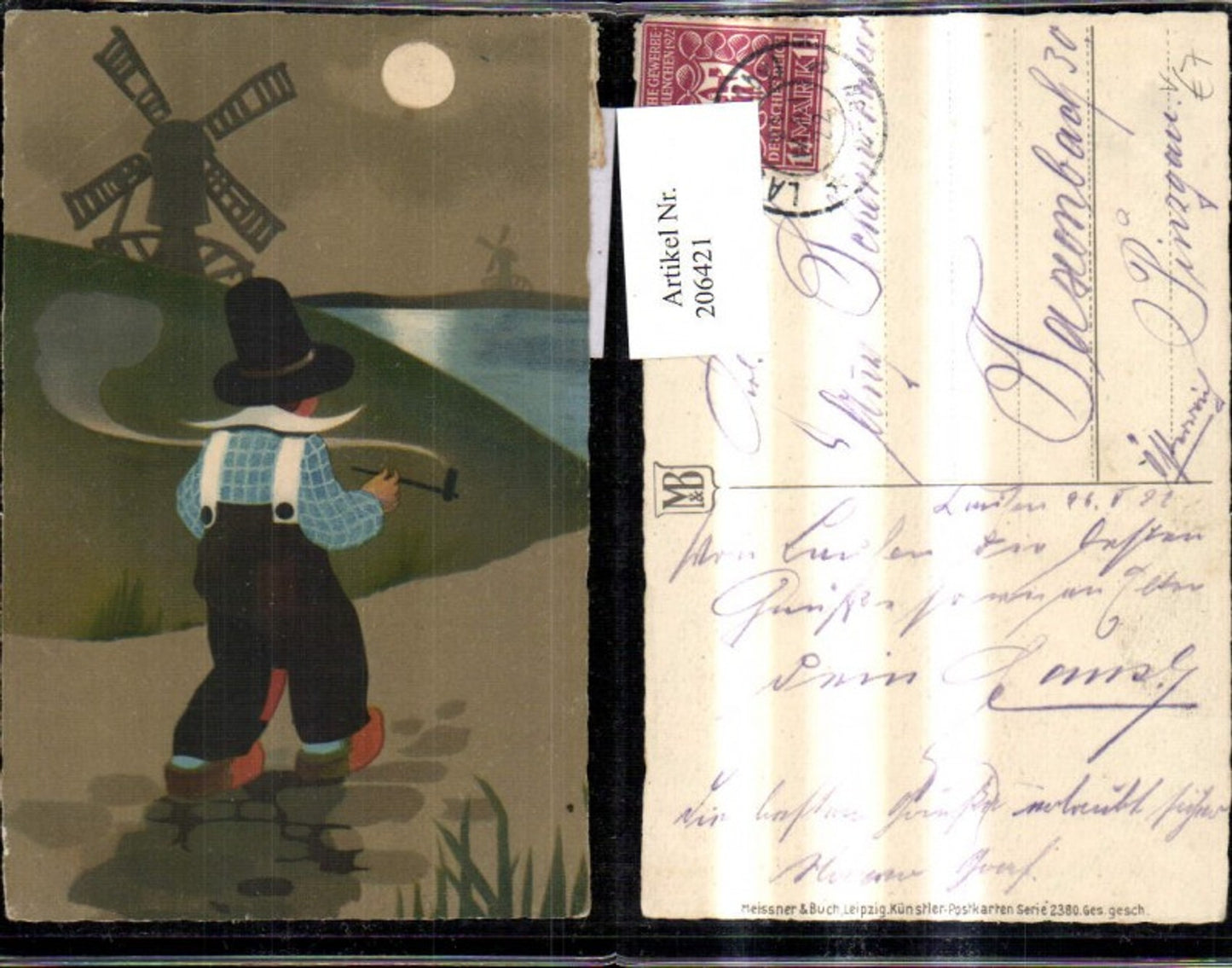 206421,Künstler Ak Meissner & Buch 2380 Mann m. Pfeife Windmühle b. Mondschein Flandern Holland