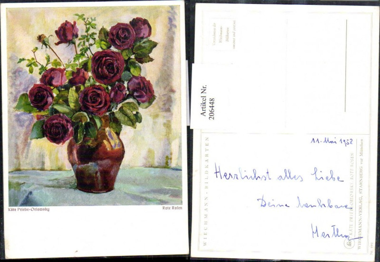 206448,Künstler AK Käte Priebe Orlowsky „Rote Rosen“ Vase Rosen Rosenblüte
