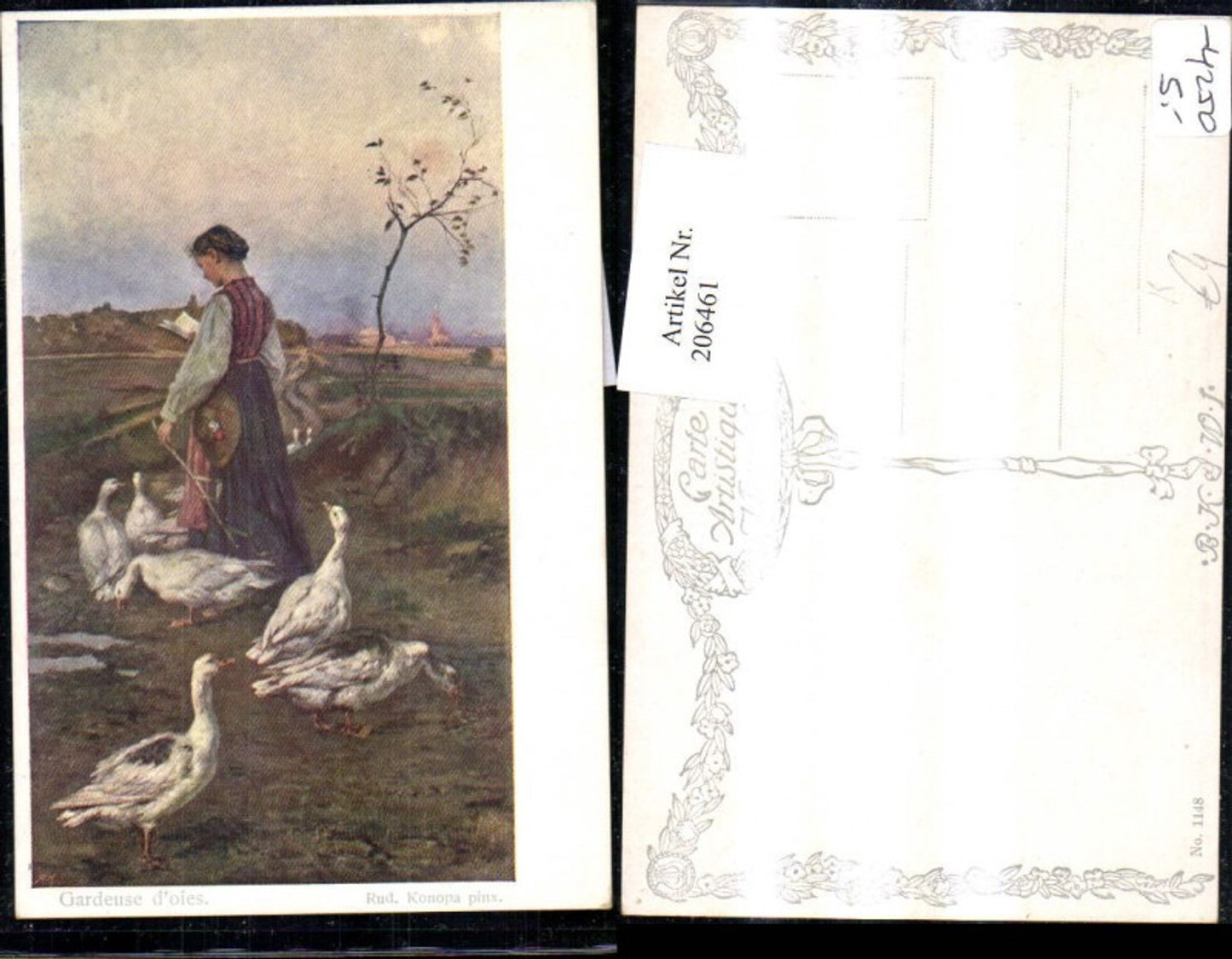206461,Künstler AK Rudolf Konopa „Gardeuse d'oies“ Frau b. Lesen Gäsne