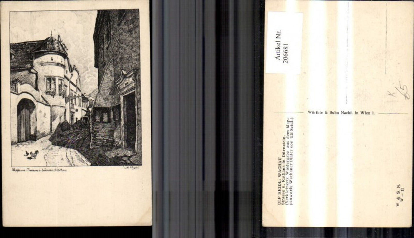 206681,Künstler Ak Ulf Seidl Wachau Strasse u. Rathaus i. Dürnstein