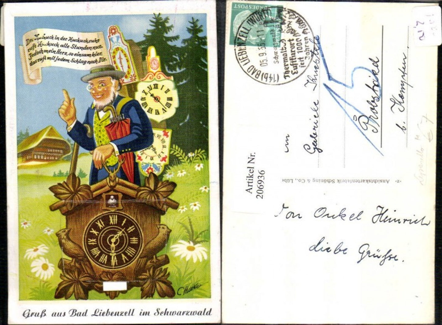206936,Leoprello Gruß aus Bad Liebenzell im Schwarzwald Kuckucksuhr Uhr Mann m. Schirm Hut u. Brille