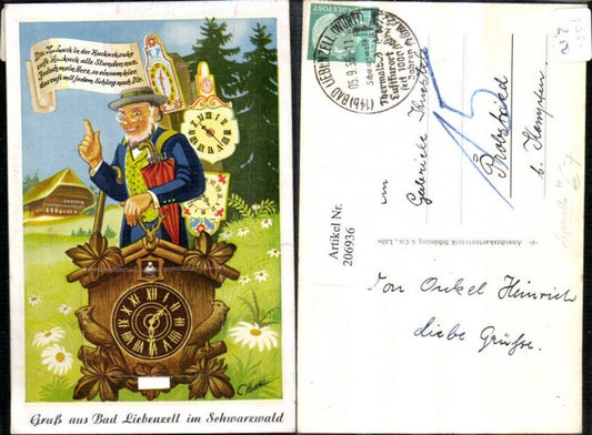 206936, Leoprello Greetings from Bad Liebenzell in the Black Forest Cuckoo clock Man with umbrella Hat and glasses