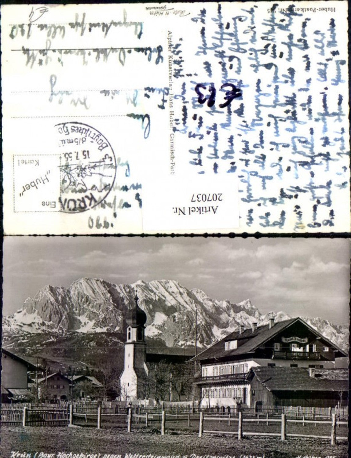 207037,Krün Partie Kirche Bayerisches Hochgebirge geg. Wettersteinwand u. Dreitorspitze