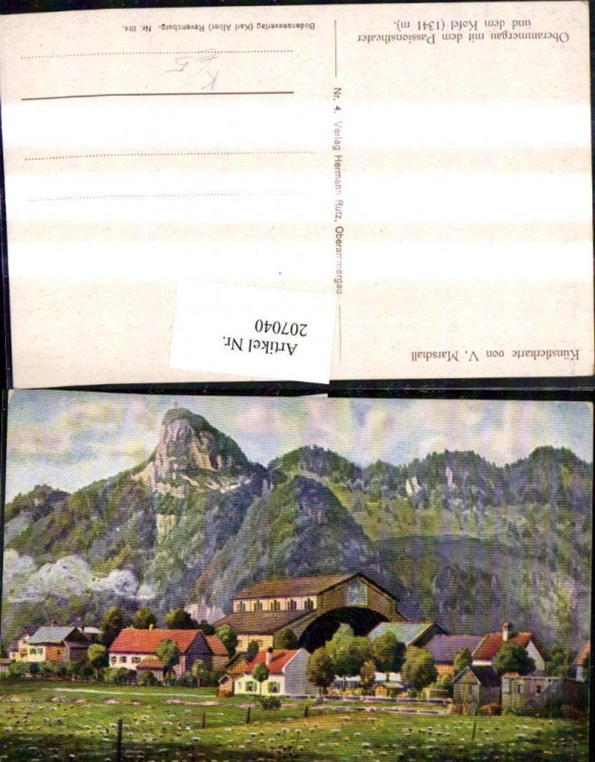 207040,Künstler AK V. Marschall Oberammergau m. d. Passionstheater Theater u. d. Kofel