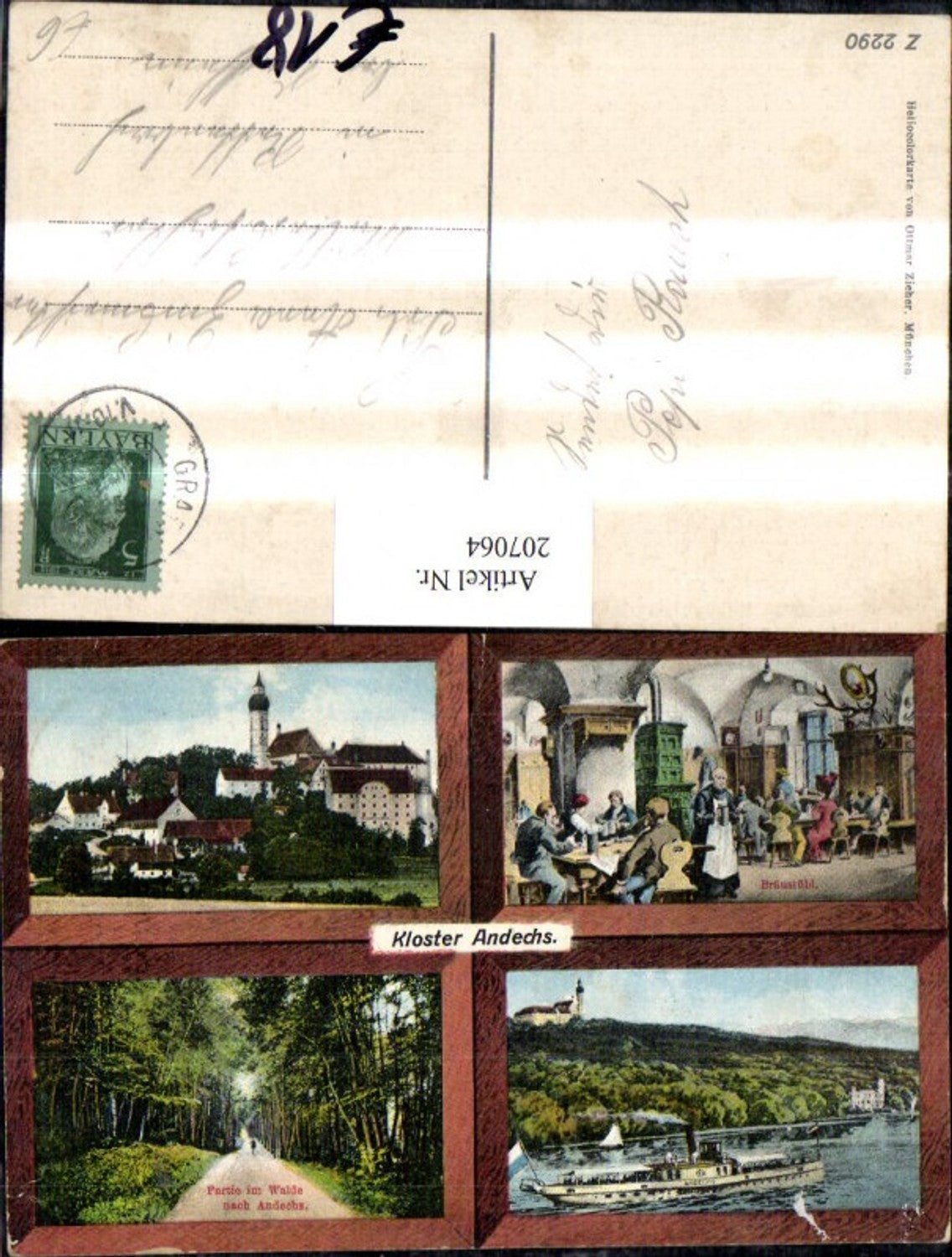 207064,Kloster Andechs Totale Bräustübl Partie im Walde nach Andechs Dampfer „Andechs“ Mehrbildkarte