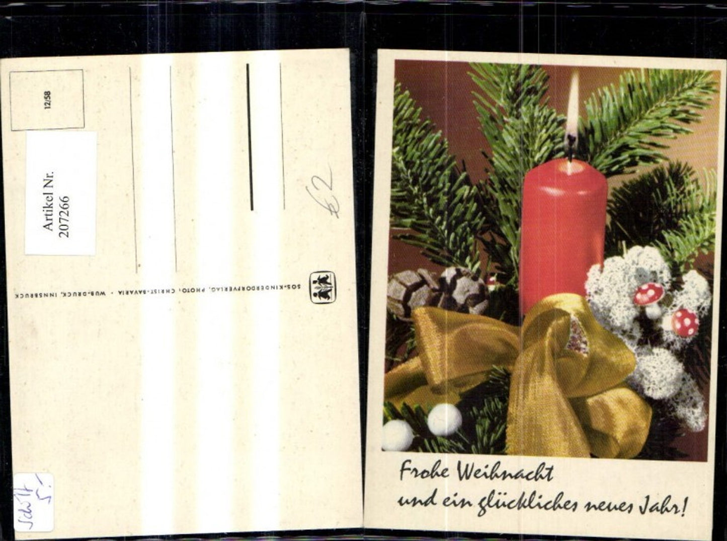 207266, SOS Children's Village 12/58 Fir branch with burning candle, ribbon, Merry Christmas and a Happy New Year