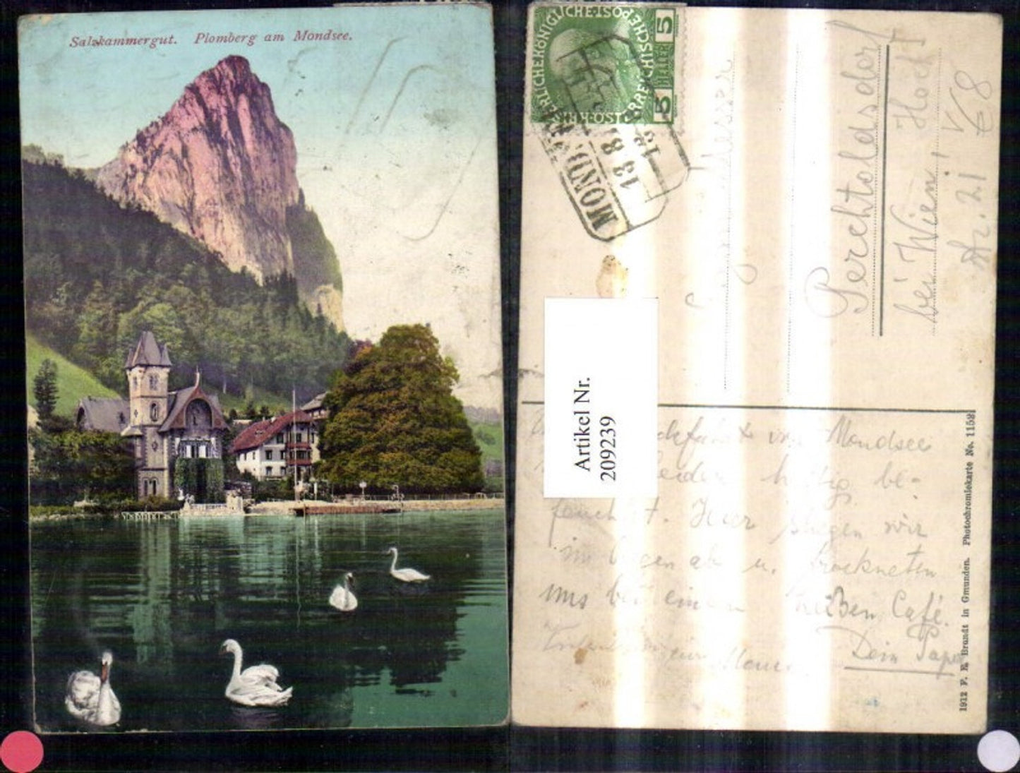 209239,Salzkammergut Plomberg am Mondsee See Turm Schwäne pub Brandt 1152