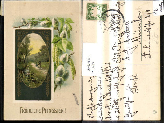 210217,Präge AK Fröhliche Pfingsten Landschaft Palmzweig
