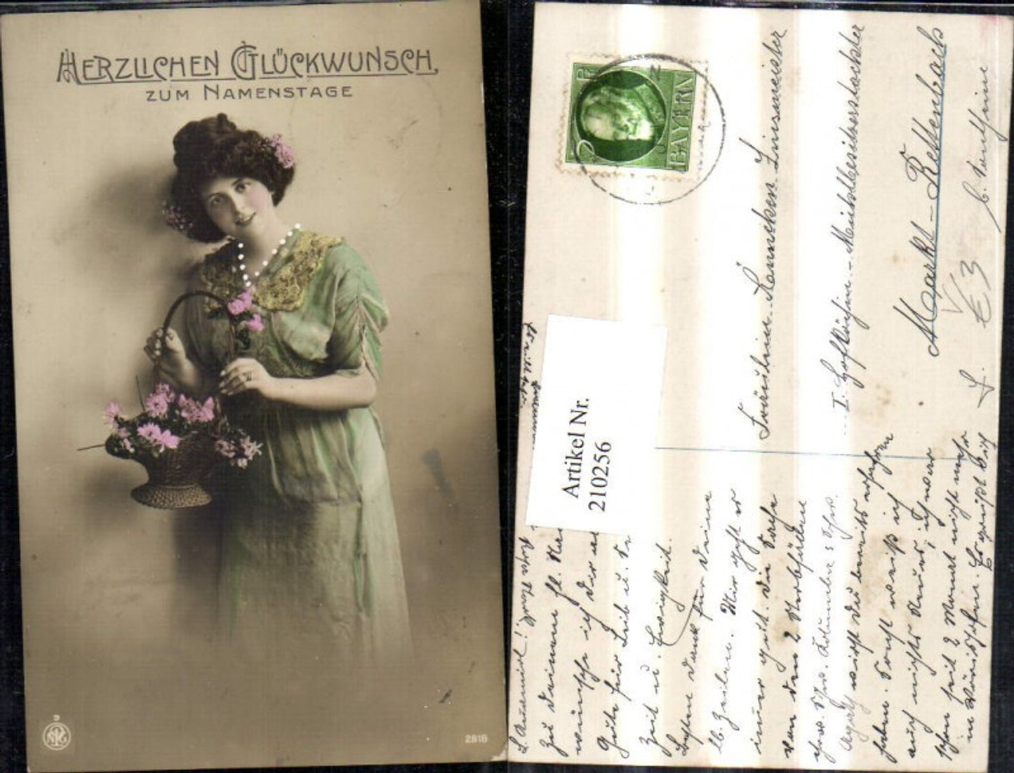 210256,Namenstag Frau m. Kleid Kette Korb m. Blumen pub NPG 2818