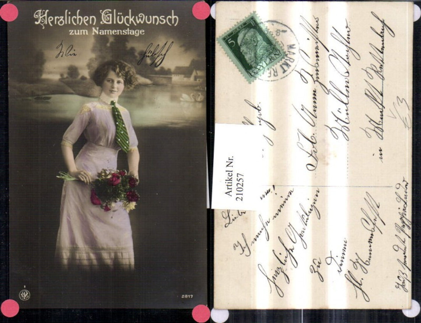 210257,Namenstag Frau m. Krawatte u. Kleid Blumenstrauß Blumen pub NPG 2817