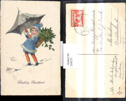 210273, Christmas Child with bonnet and coat, basket, mistletoe sprigs, fir branches, umbrella, letter