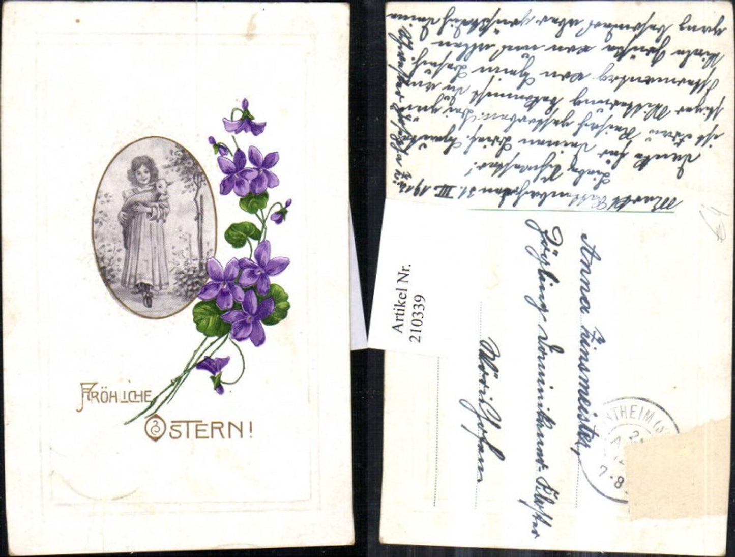 210339, embossed postcard of an Easter child with a lamb and violets