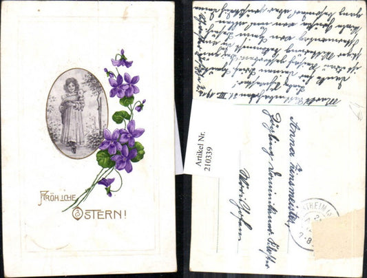 210339, embossed postcard of an Easter child with a lamb and violets