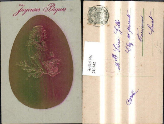 210342, embossed postcard, Easter woman with lamb in hand, palm branch