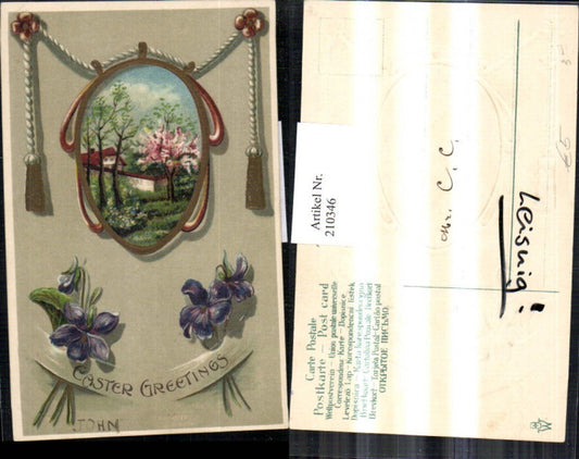 210346, embossed postcard Easter landscape violets