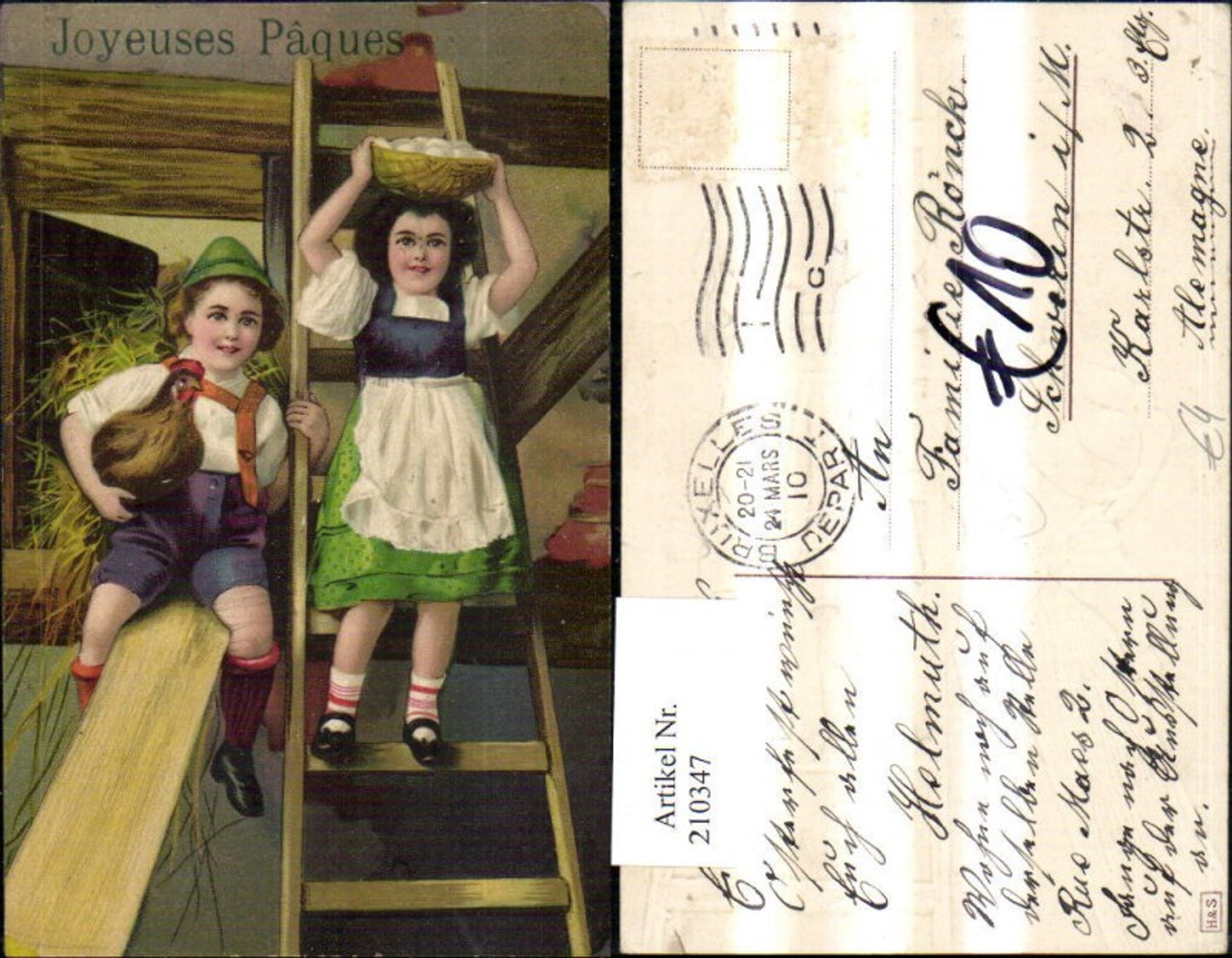 210347, embossed postcard Easter children with basket chicken ladder hay straw