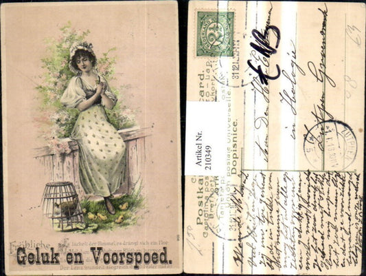210349, embossed postcard Easter woman in dress chicken coop chicken chick