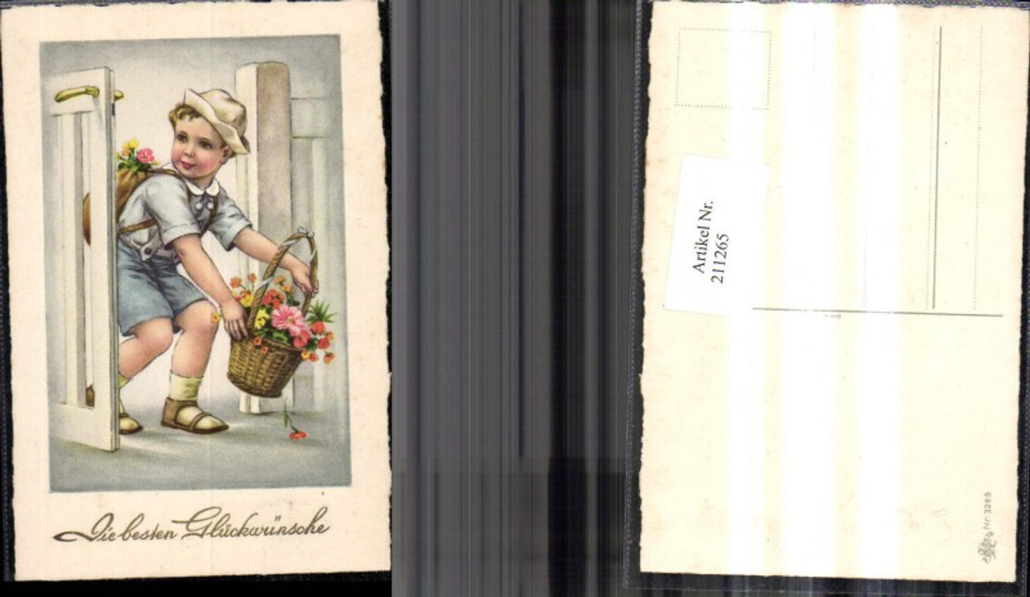 211265,Junge m. Hut u. Rucksack Korb m. Blumen Gartentür pub Erika 3286