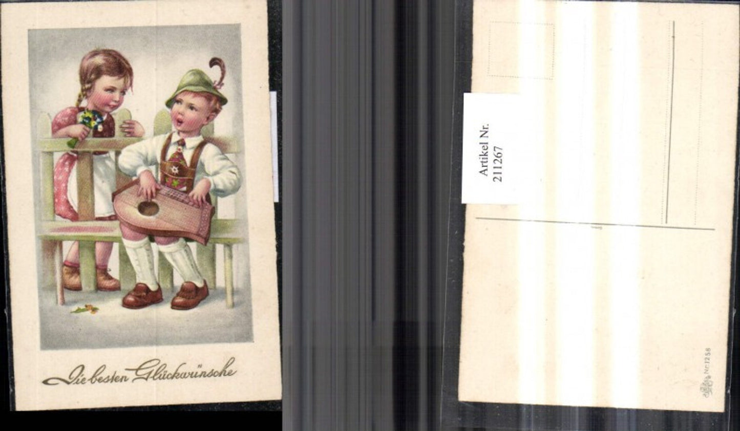 211267,Mädchen m. Kleid u. Blumenstrauß Junge in Tracht m. Zither Hut Gartenzaun pub Erika 1258