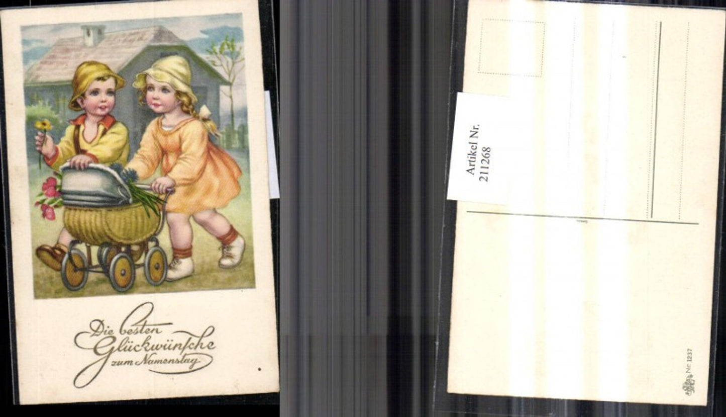 211268,Junge u. Mädchen m. Hut Kinderwagen Puppenwagen Blumen pub Erika 1237