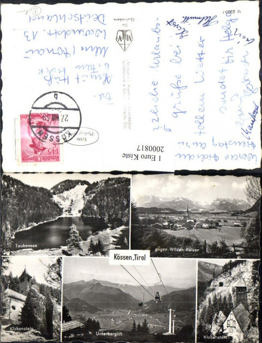 2000817,Kössen i. Tirol Totale geg. wilden Kaiser Taubensee Klobenstein Kirche Unterberglift Sessellift Mehrbildkarte