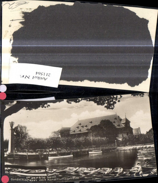 211564, Konstanz area near gondola harbor with council building, boats, gondolas