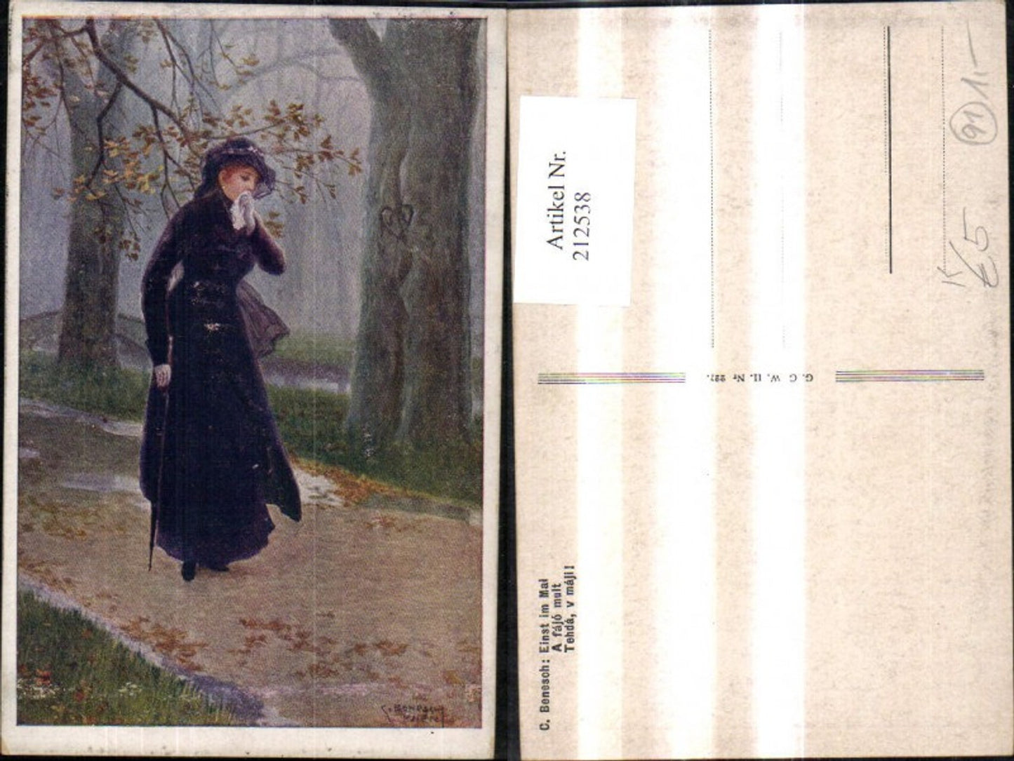 212538,Künstler AK C. Benesch „Einst im Mai“ Frau m. Kleid u. Hut Stock Taschentuch