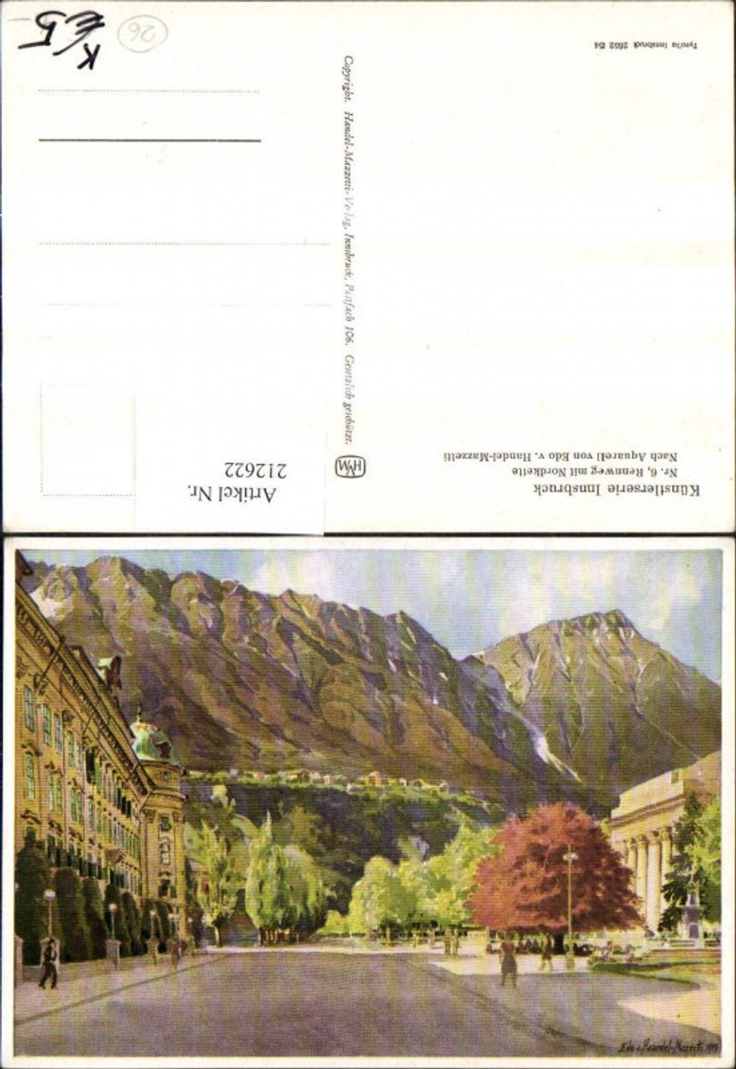 212622,Künstler AK Edo v. Handel-Mazzetti Innsbruck Rennweg m. Nordkette Straßenansicht
