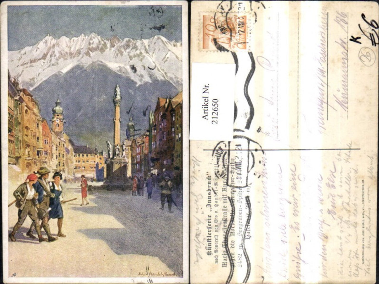 212650,Künstler AK Edo v. Handel-Mazzetti Innsbruck Maria Theresienstraße m. Anna-Säule geg. d. Nordkette