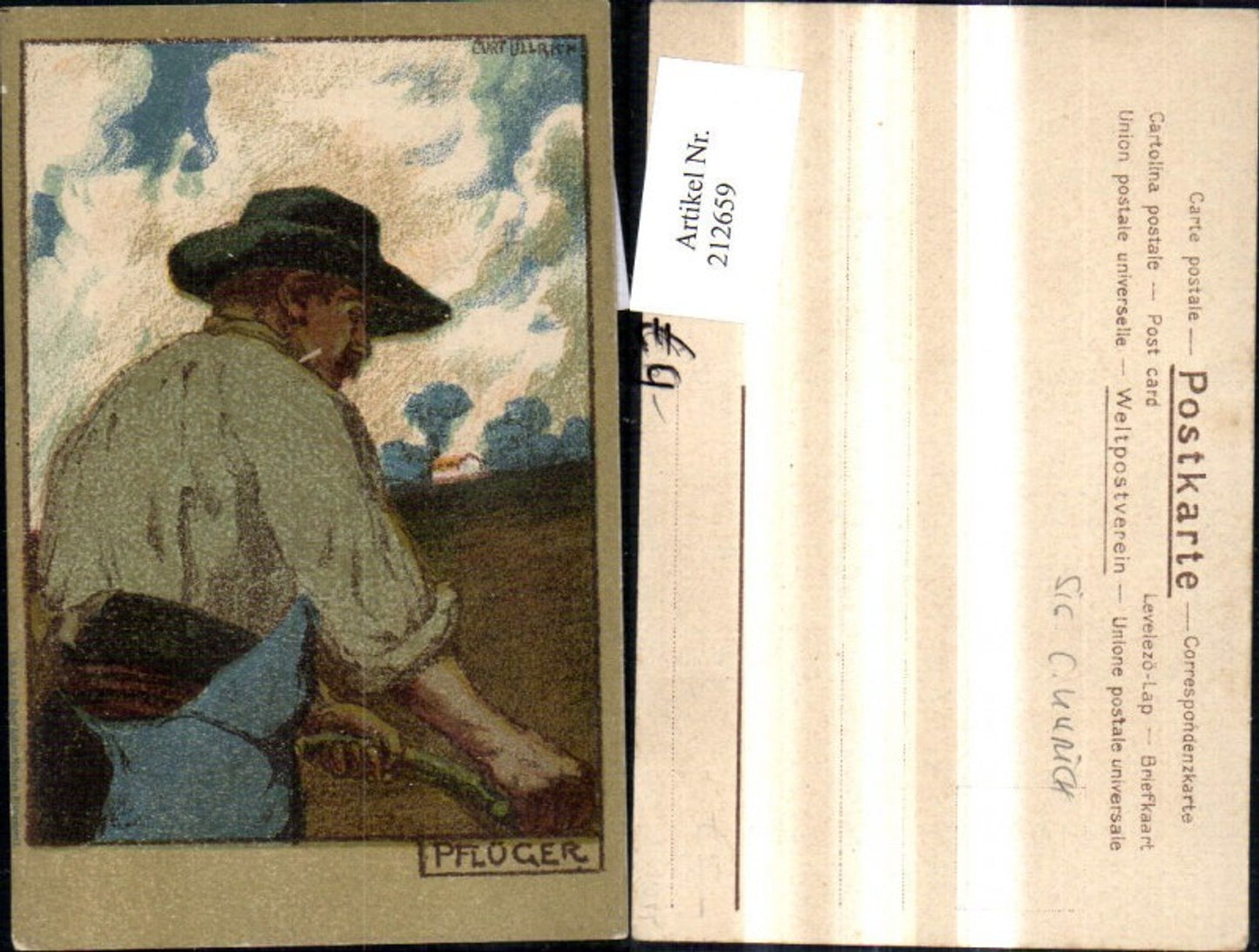 212659,Künstler Ak Curt Ullrich „Pflüger“ Mann Bauer b. Pflügen