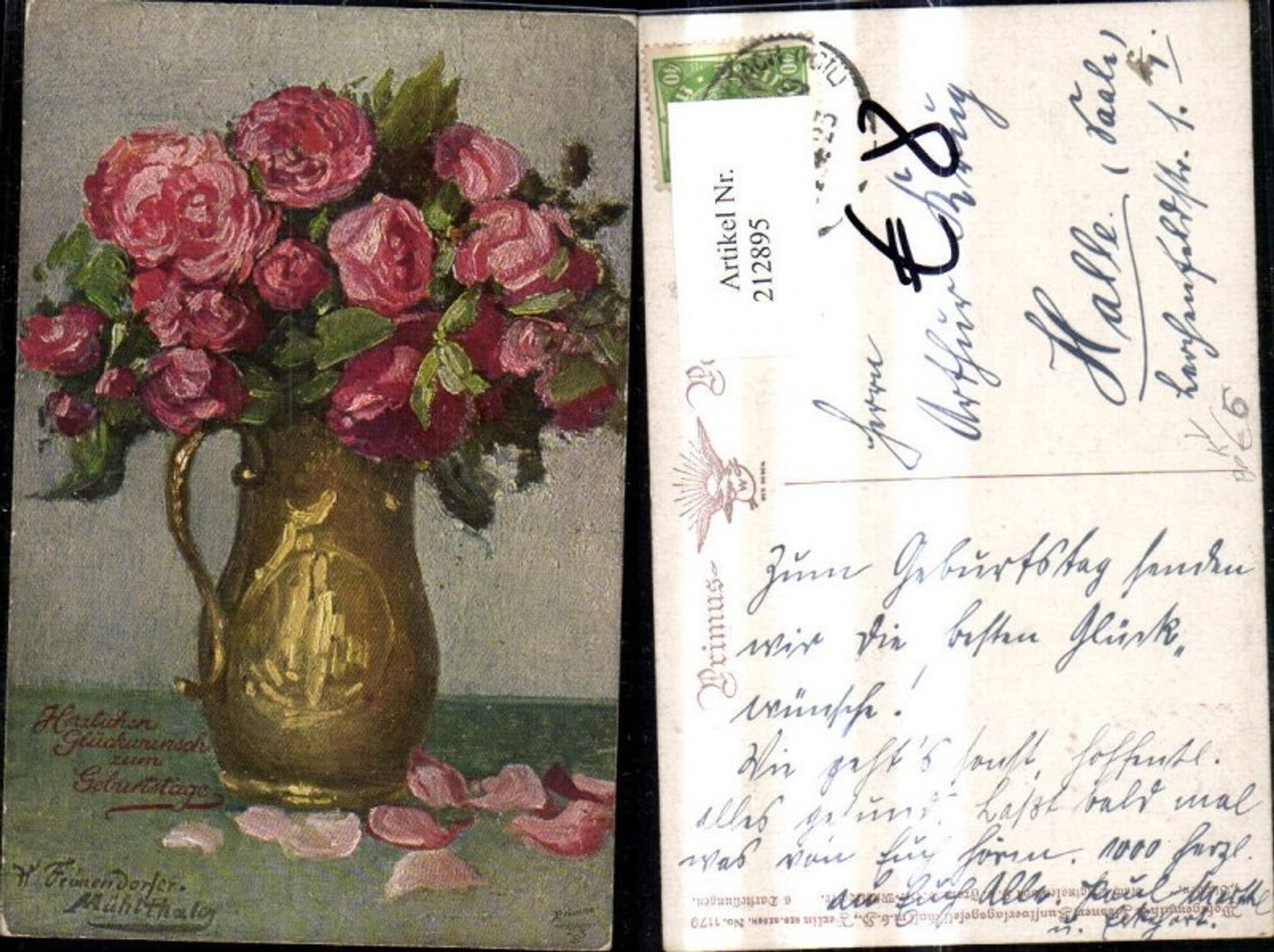 212895,Primus Ak 1179 H. Frauendorfer Mühlthaler Geburtstag Vase m. Rosen