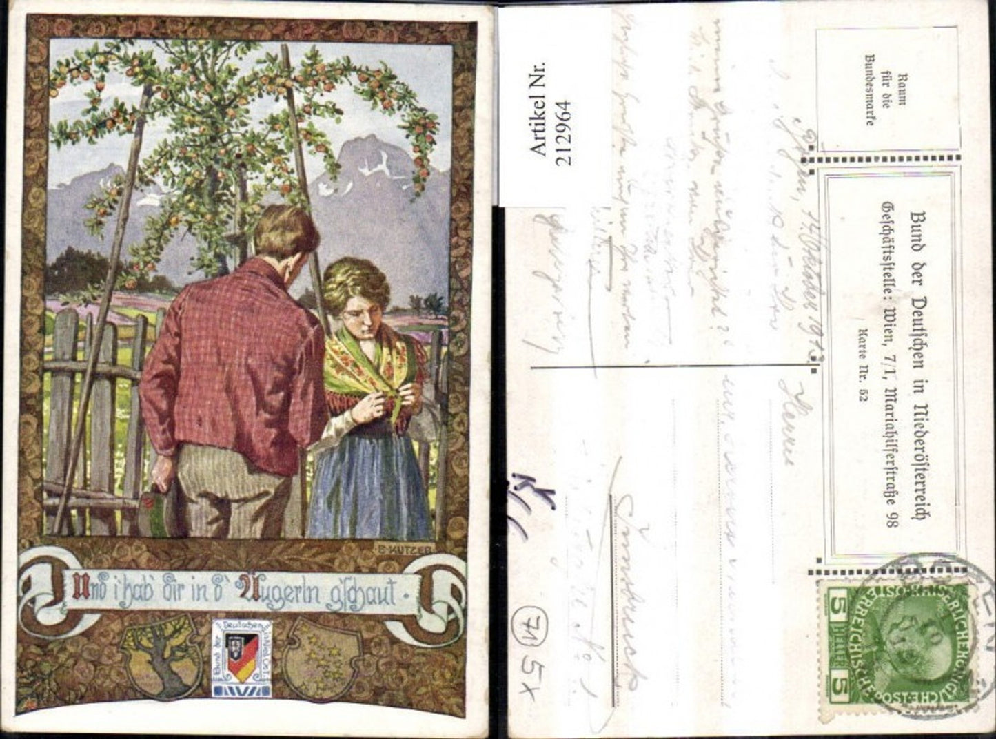 212964,Bund d. Deutschen i. Niederösterreich 52 E. Kutzer Und i hab dir in d. Augern gschaut Frau Mann