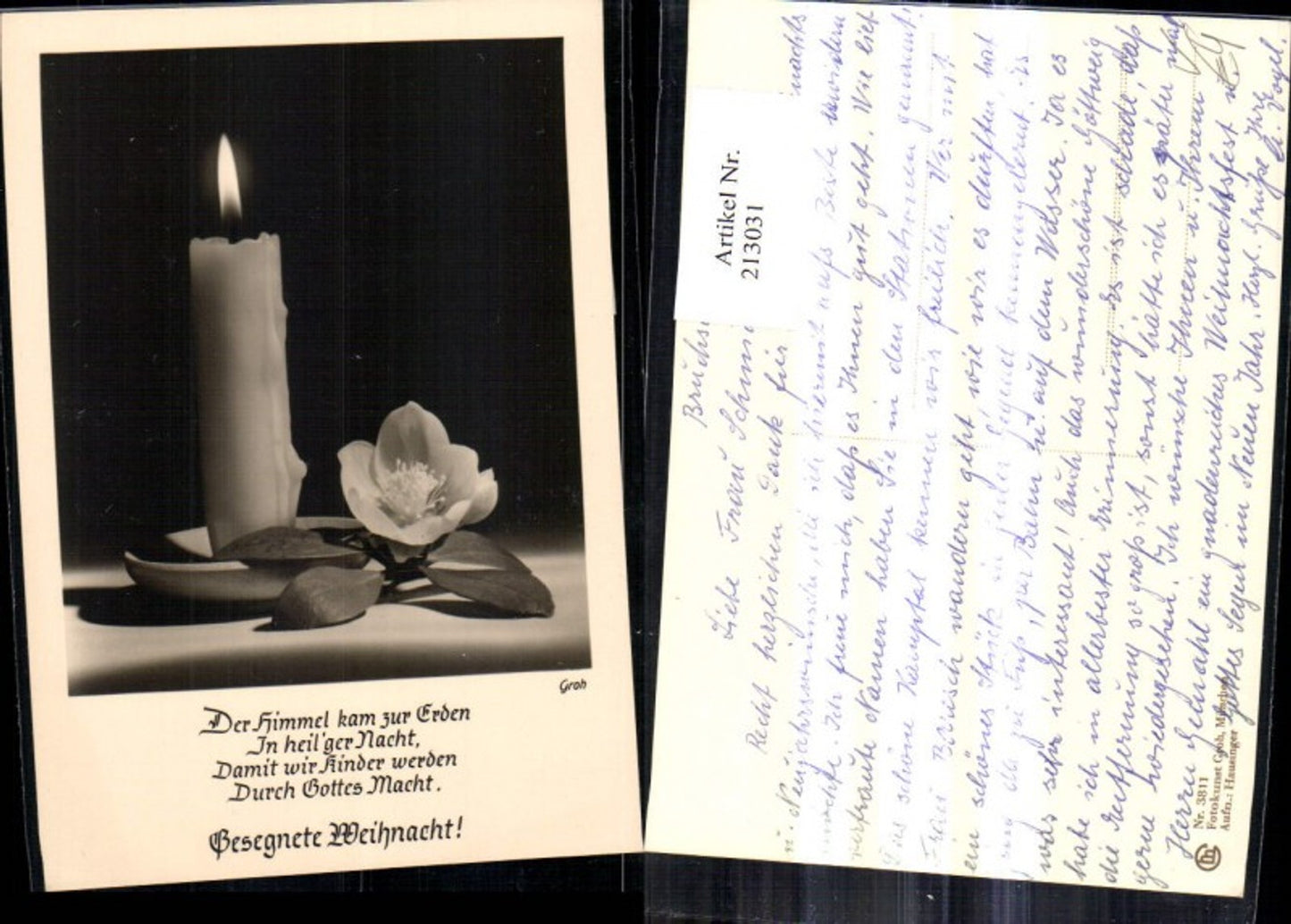 213031, Photo art Groh 3811 Christmas Burning candle with snow rose flower saying text