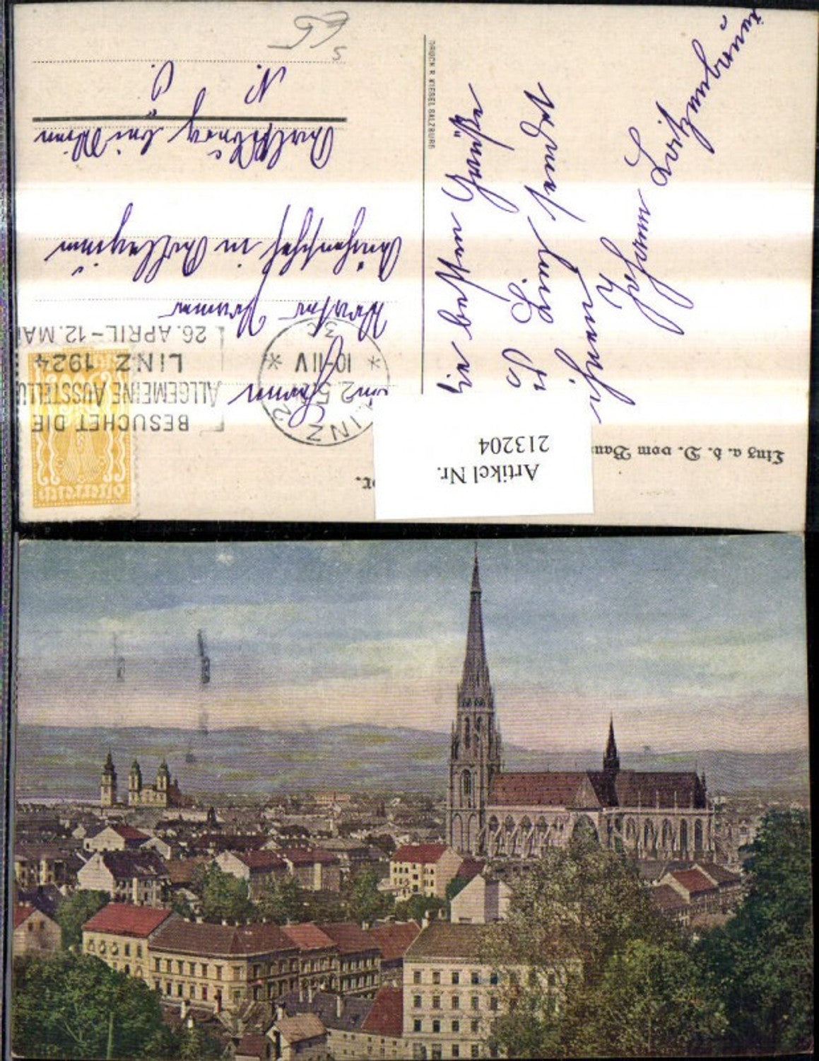213204,Linz a. d. Donau v. Bauernberg Teilansicht Dom Kirche Allgemine Ausstellung 1924 Stempel